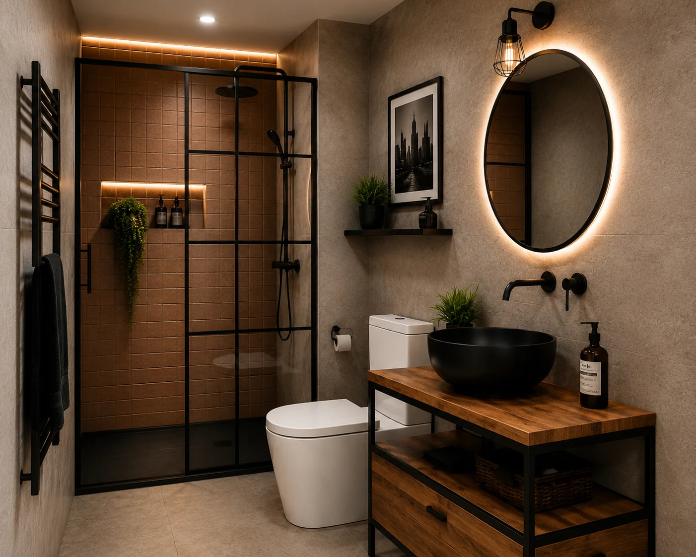 Baño industrial moderno después de la transformación